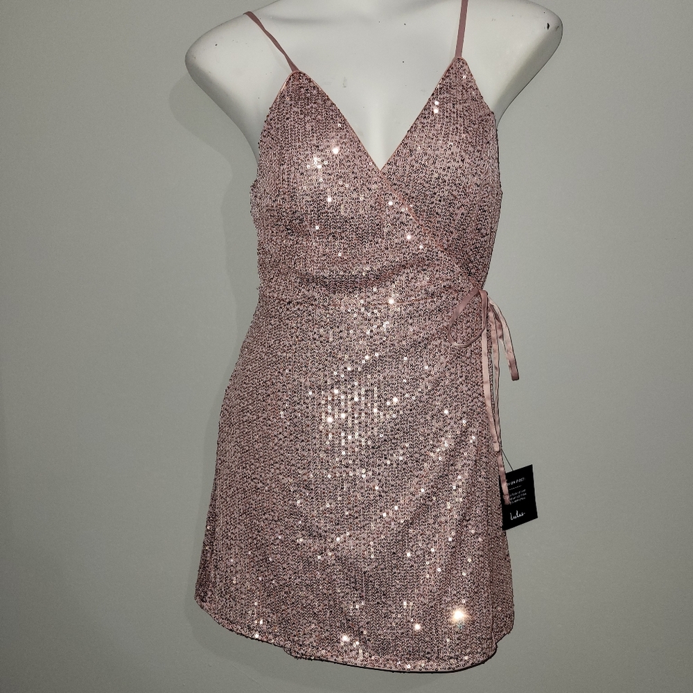NWT LuLus Holiday Glitter Light Pink Sequin Wrap Mini Dress - Juniors Small 3